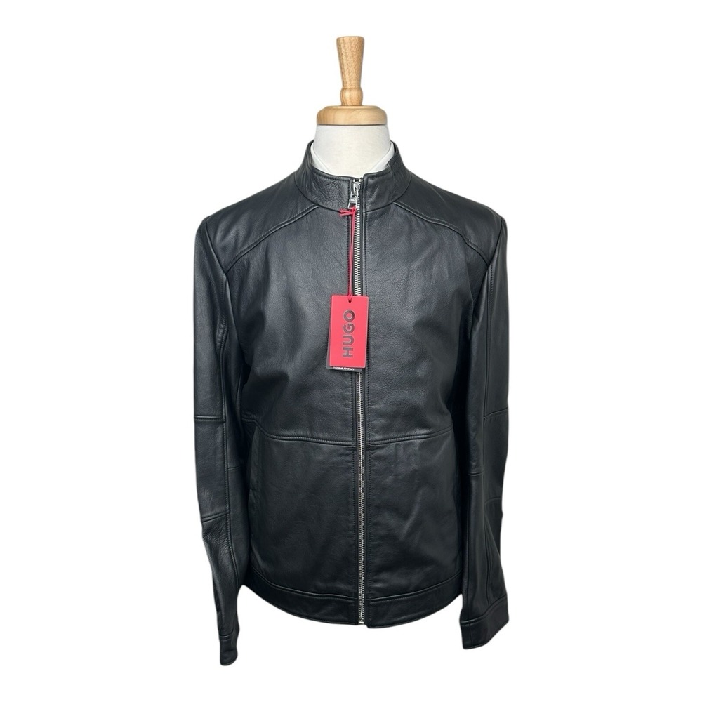 Hugo Boss Goat Leather Black Full Zip Men’s Moto Jacket Size Small NWT